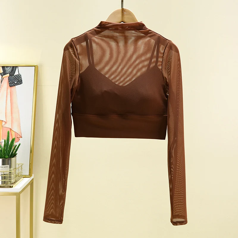 Yoga Top T-shirt Chest Cushion Mesh Sexy Slimming Long Sleeved Sports Fitness