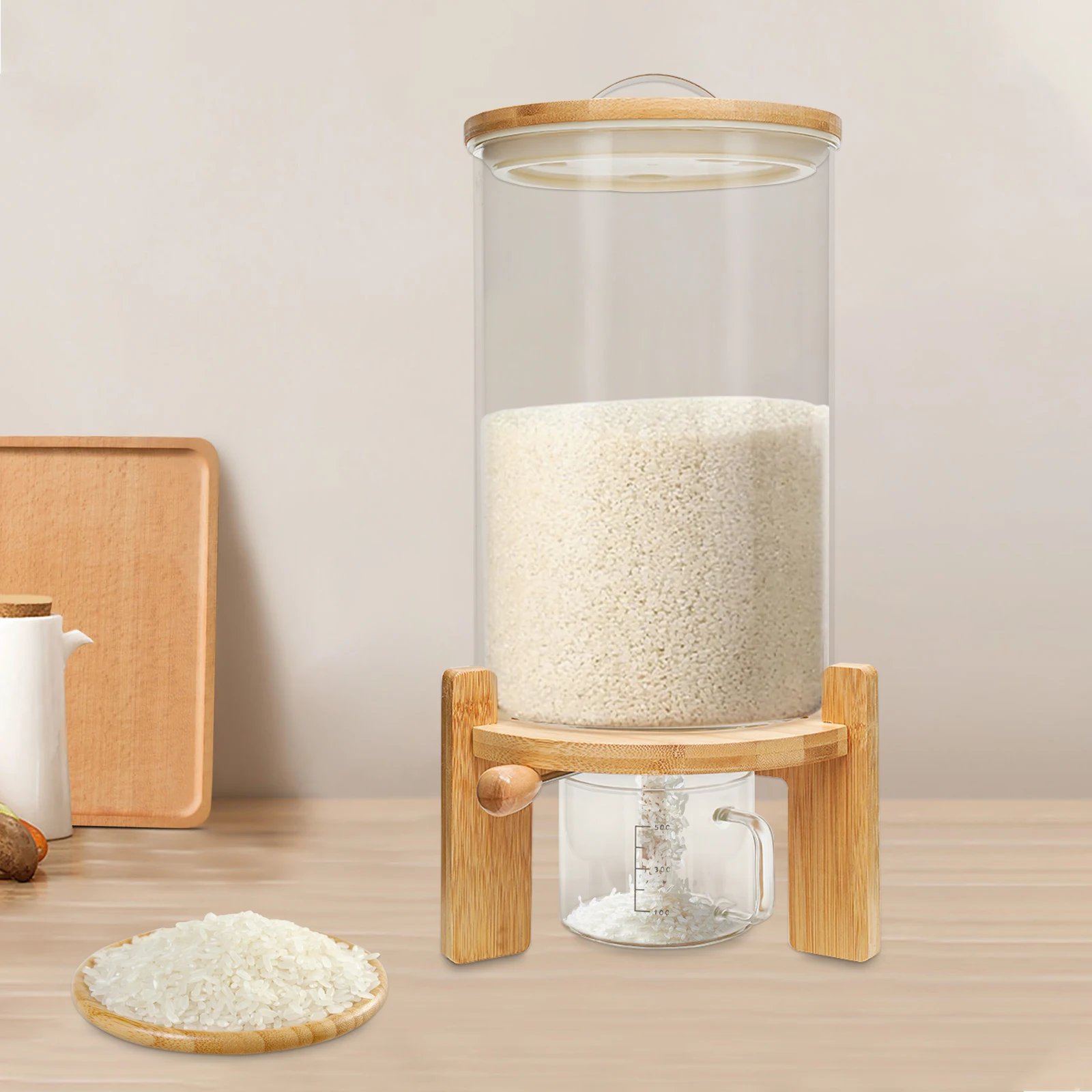 Creative Glass Food Storage Flour and Cereal Container 7.5L Rice Dispenser Airtight with Lid and Wooden Stand