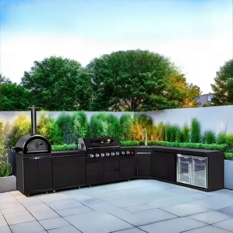 Cuisine d'extérieur en forme de L en acier inoxydable noir 5