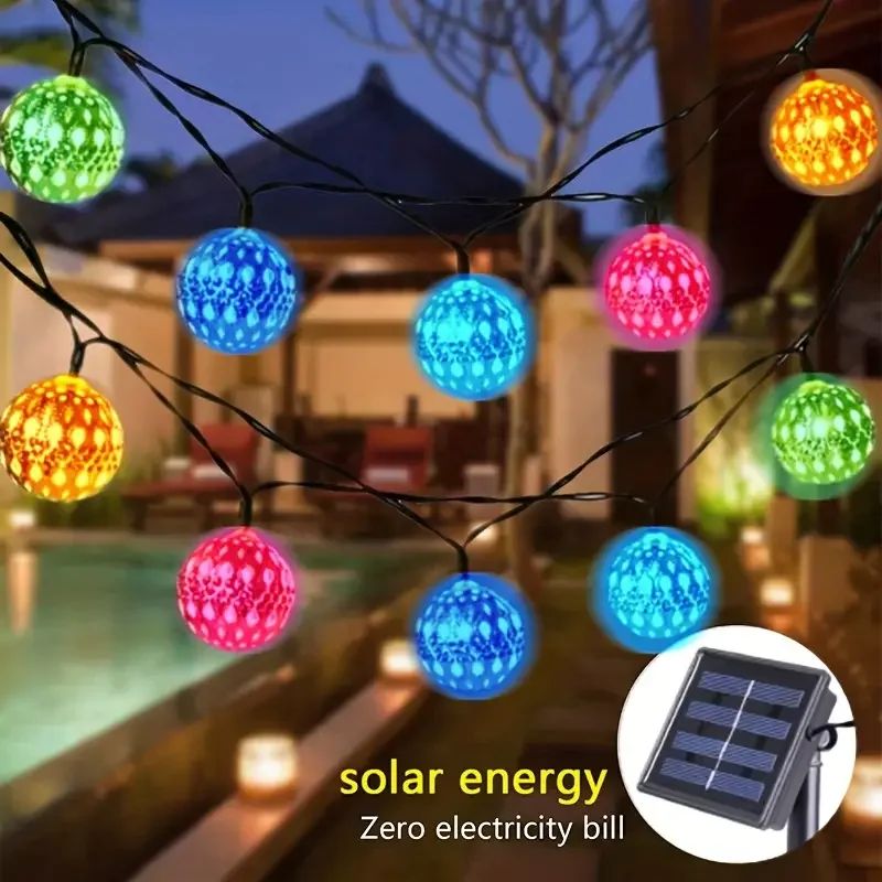 Description Picture 3 of item1 Set Solar Light String Moroccan Ball Flashing Lamp String Light  for Garden Yard Pathways Decor Party Supplies Holiday
