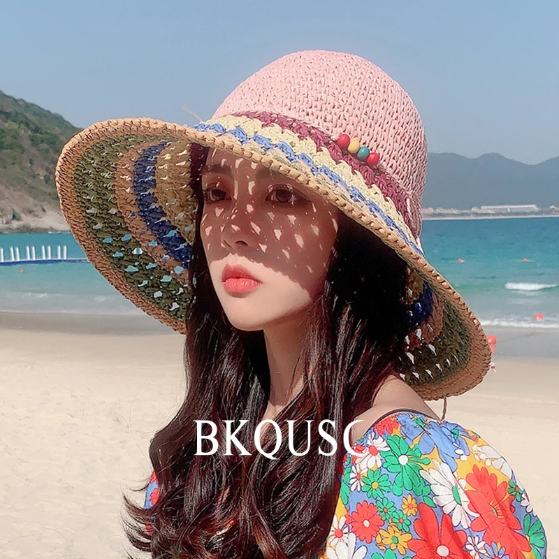 

Sweet Colorful Straw Woven Women's Sun Hats Pink Blue Straw Summer Outdoor Wide Brim Sunshade Hollow Straw Beach Hats for Female