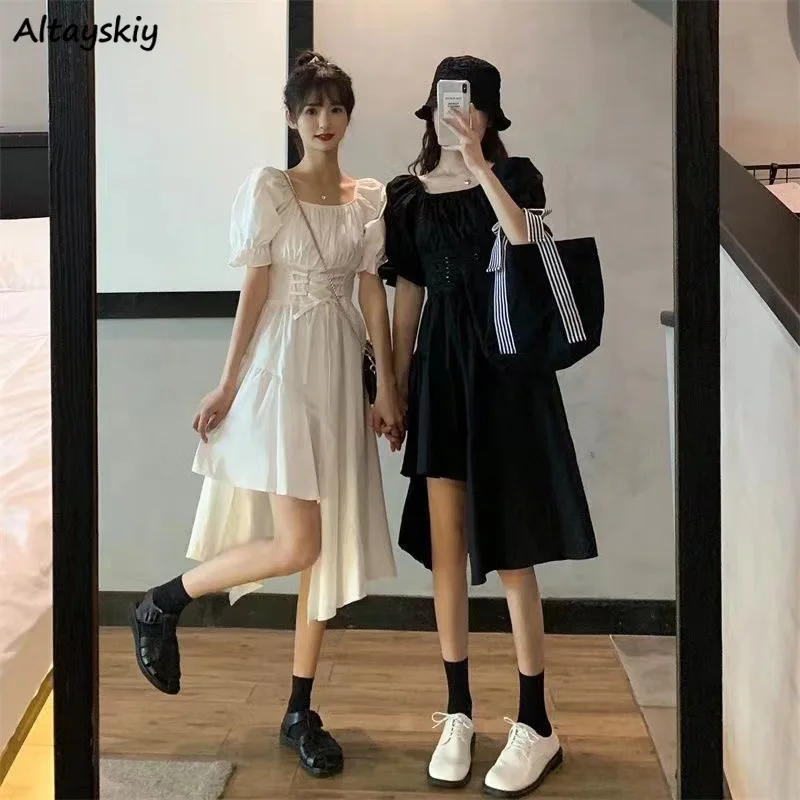 

Женские платья с пышными рукавами и квадратным вырезом, летние асимметричные платья а-силуэта в Корейском стиле, милые летние платья в стиле девушки Мори для студентов