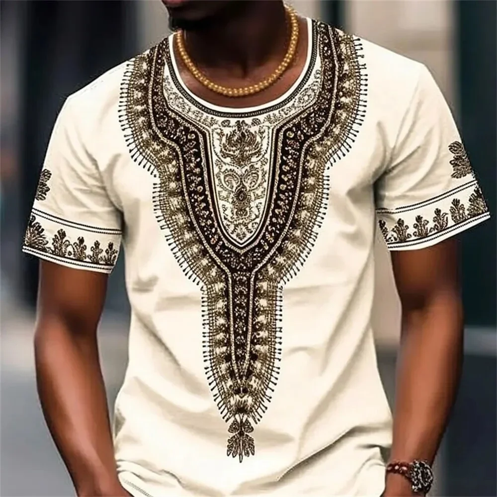 

Printed T-shirt, Men's Retro Ethnic Style, Street Fashion, O-neck, Short Sleeves, Casual Top, Plus Size Clothes, Fashionable Sum