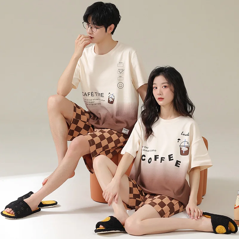 2023 Summer Korean Style Couple Pajamas Bear Printing Household Women's Clothes Pajamas Cotton Material Loungewear Sleepwear Men