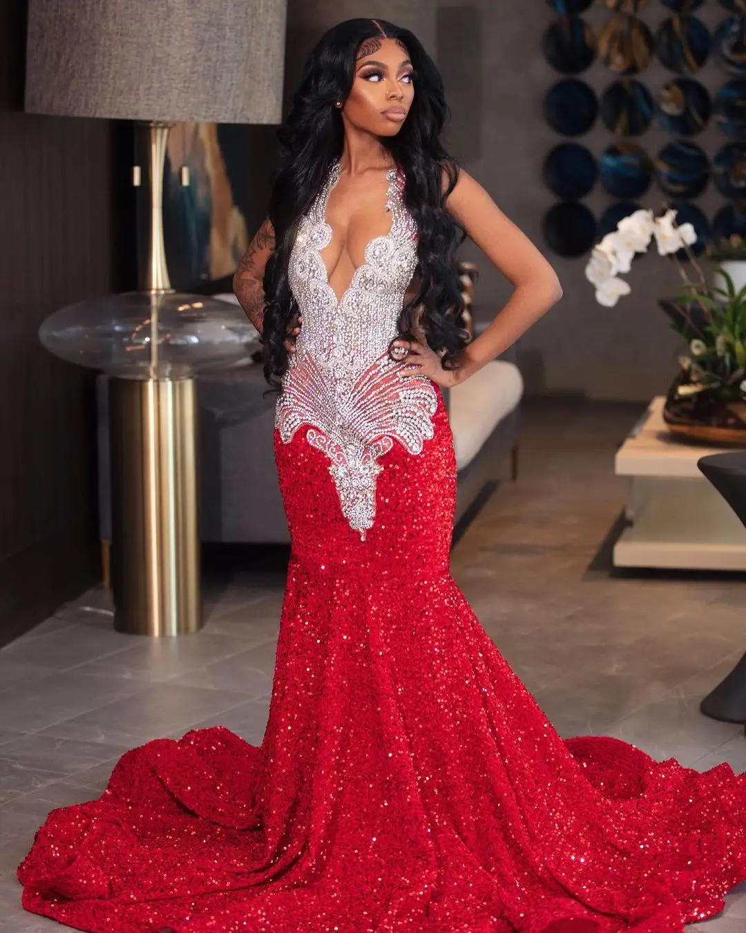 

Элегантное платье FATAPAESE для выпускного вечера, Обнаженная Иллюзия, сетка в области бюста, Кристальные украшения на лифе, платье русалки с блестками