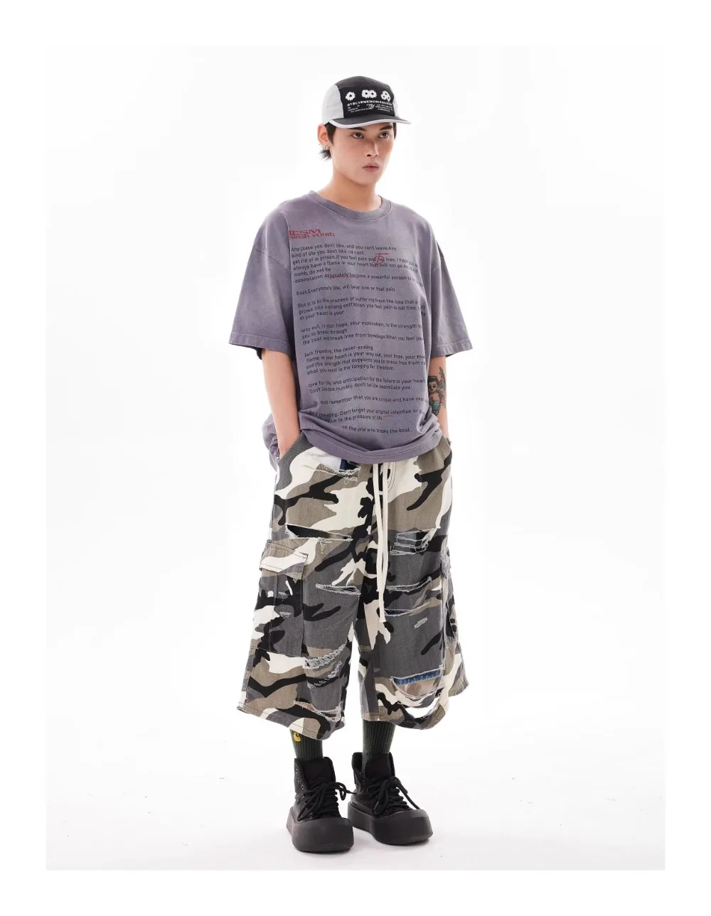 Street Wear Multi-pocket White Camouflage Shorts Hip-hop Wide-leg