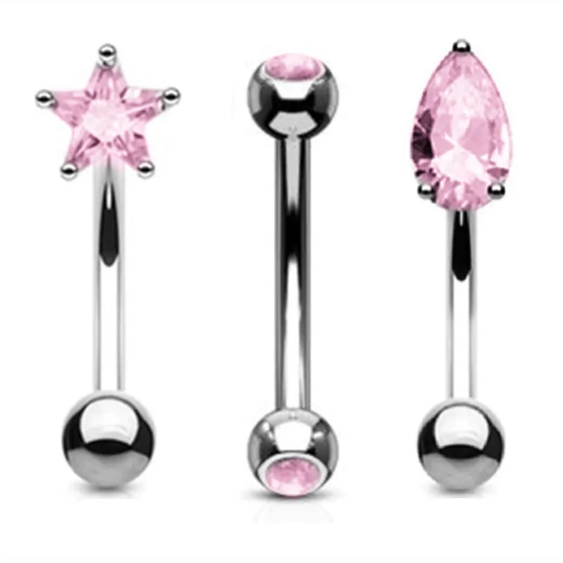 Elegant Heart Crystal Curved Barbell & CZ Star Eyebrow Ring Set - 3-Piece Collection