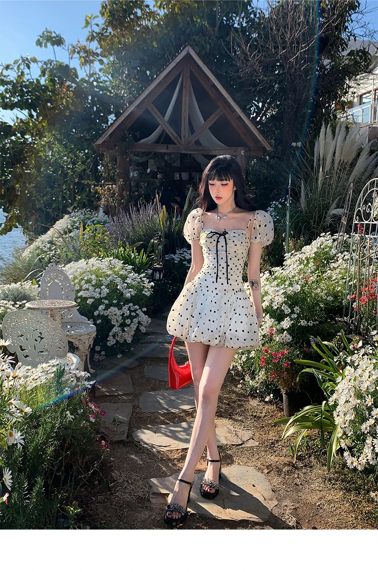 Polka Dot Birthday Party Dress Off Shoulder Puff Sleeve A-line Ball Gown Mini Dresses for Women Korean Fashion One Piece Vestido