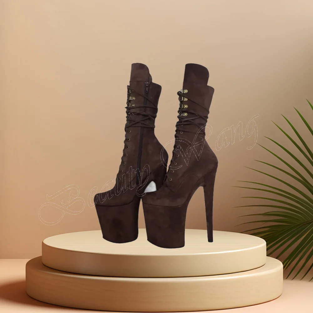 

Coffee Color Mid Calf Boots Platform Peep Toe Spike Heel High Heel Shoes for Women Round Toe Sandals 2023 Zapatos Para Mujere