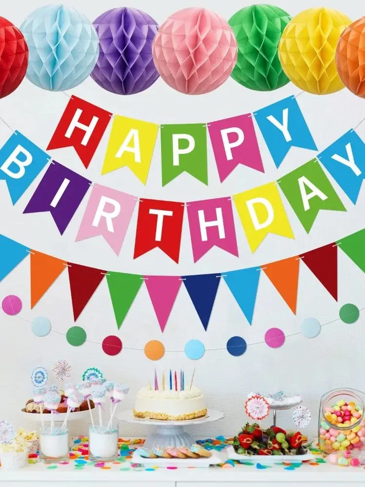 1 Set of Birthday Party Banners, Birthday Festival Party Decorations, Colorful Round Banner Garlands, Letter Streamers, Triangular Flags, Honeycomb Party Decoration Scene Setup
