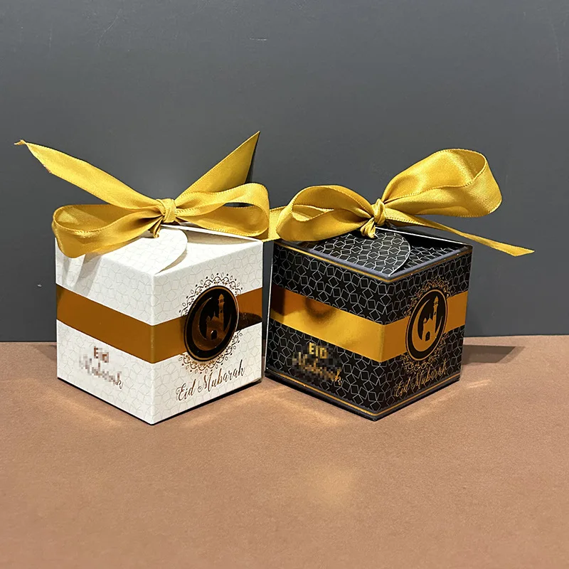 

5Pcs Eid Mubarak Gift Candy Boxes Ramadan Cookie Box Silk Ribbon White Black Gift Boxes Ramadan Muslim Party Decoration Supplies