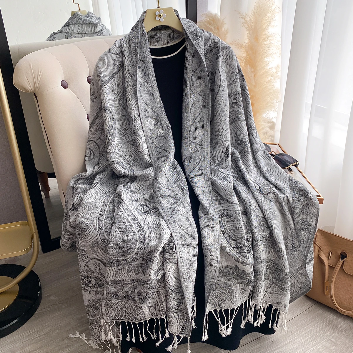 Luxury Women's Winter Cashmere Scarf - Printed Tasseled Shawl, Embroidered Chunky Headscarf & Elegant Pareo Cape