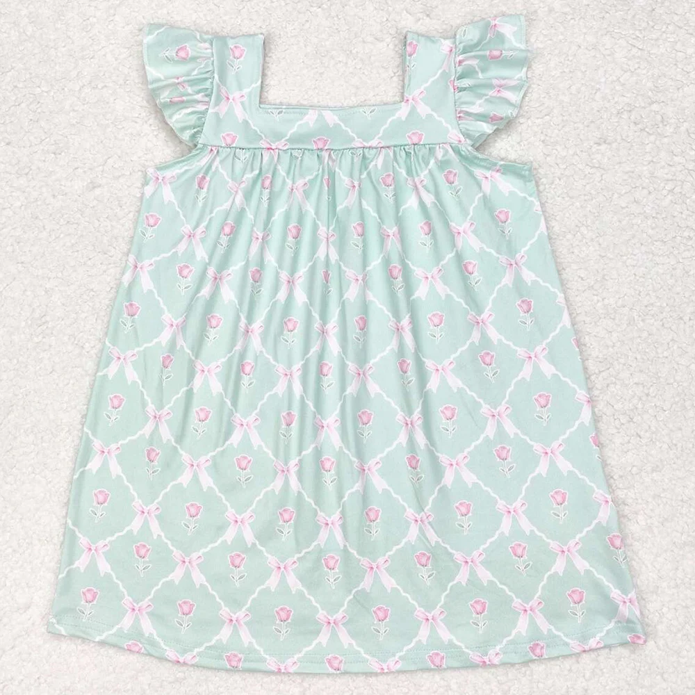 Boutique Baby Girls Dress Blue Bows Flowers Knee Length Dresses Fashion Kids Children Clothes Summer Girls Dresses New