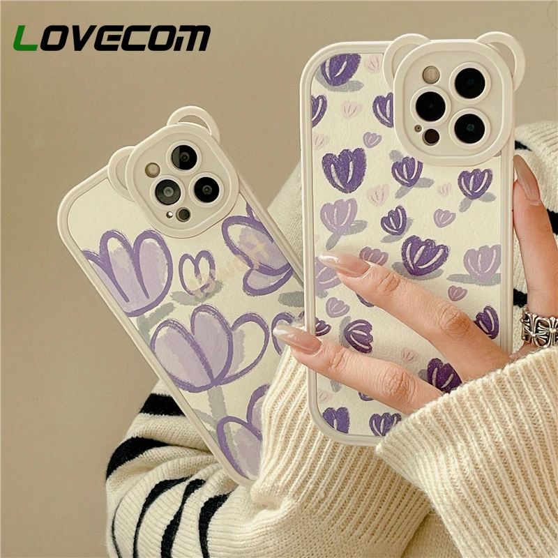 INS Flower Cute Bear Ear Camera Protector Phone Case For iPhone 13 Pro Max 11 12 Pro Max X XR XS Max 7 8 Plus Leather Soft Cover best case for iphone 13 pro max