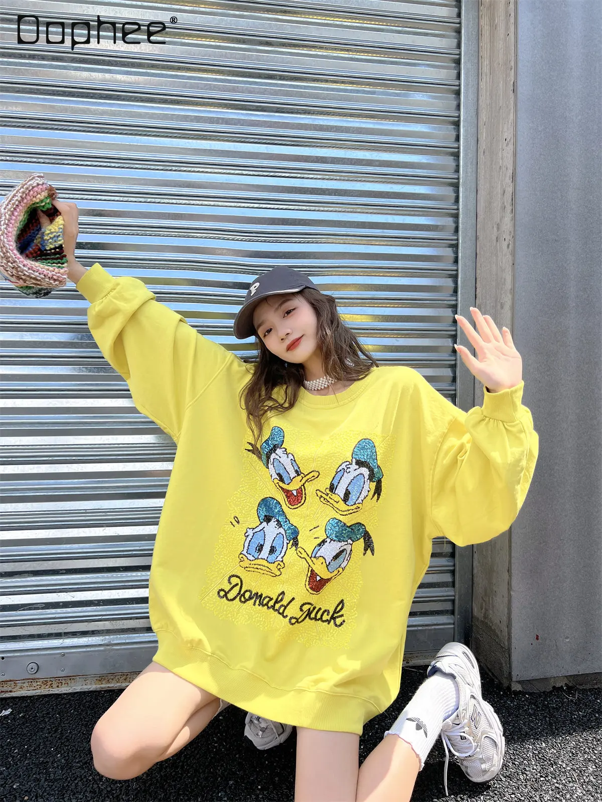 Fall Oversize Loose Fashion Brand Cartoon Print Sweatshirt Women's Casual  Embroidered Sequins Round Neck Long Sleeve Hoodie Coat - AliExpress