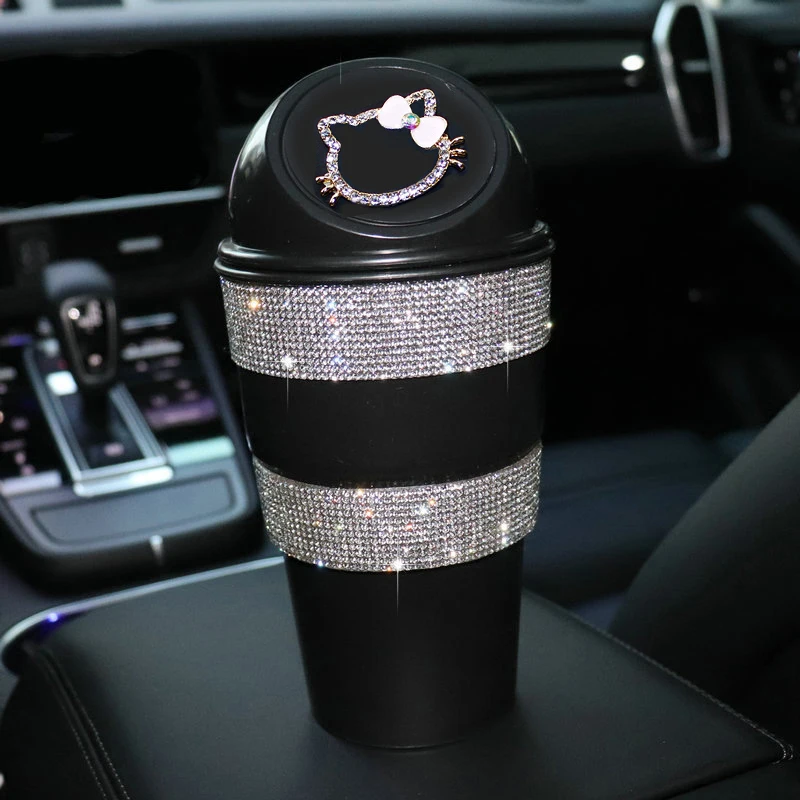 Cute Cartoon Rhinestone Car Trash Garbage Can Diamond Crystal Auto Trash Dust Holder Mini Garbage Bin Car Storage Box Girls