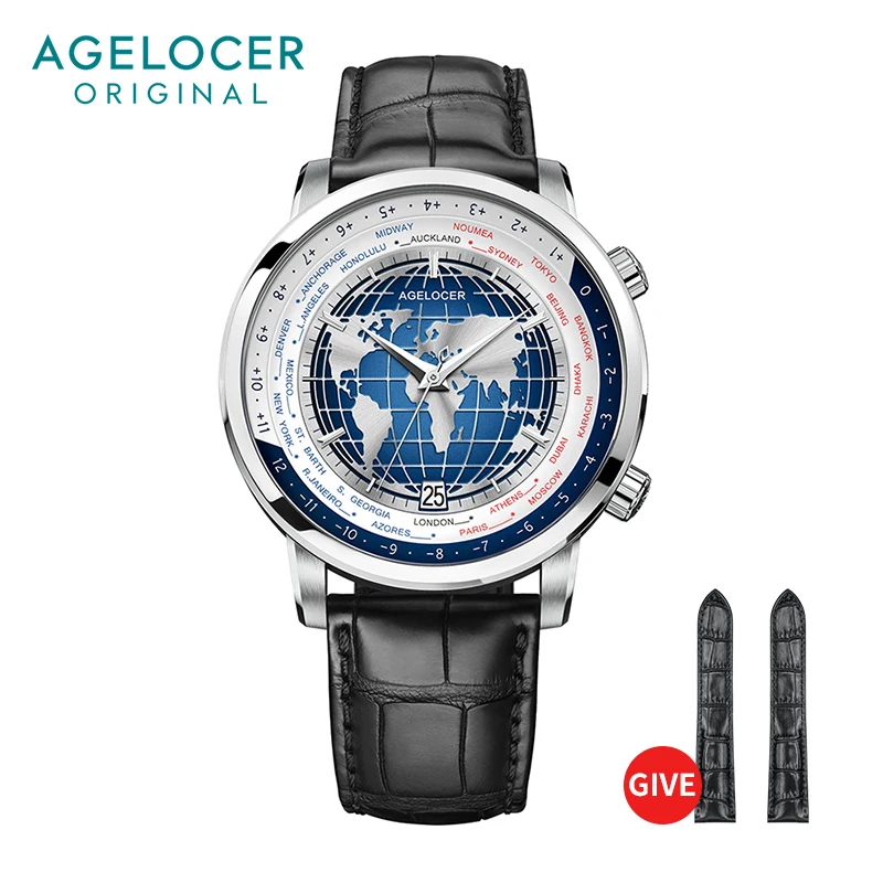 AGELOCER Men's Top Brand Blue World Time Automatic Mechanical Dress Analog Calendar Fashion Luxury Stainless Steel Watch шарф time to dress