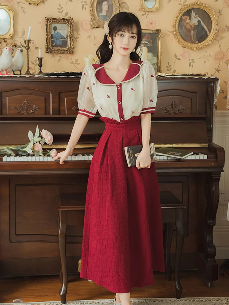 

Summer new women's clothing retro palace style embroidered flower doll collar short sleeve top red half skirt long dress suit