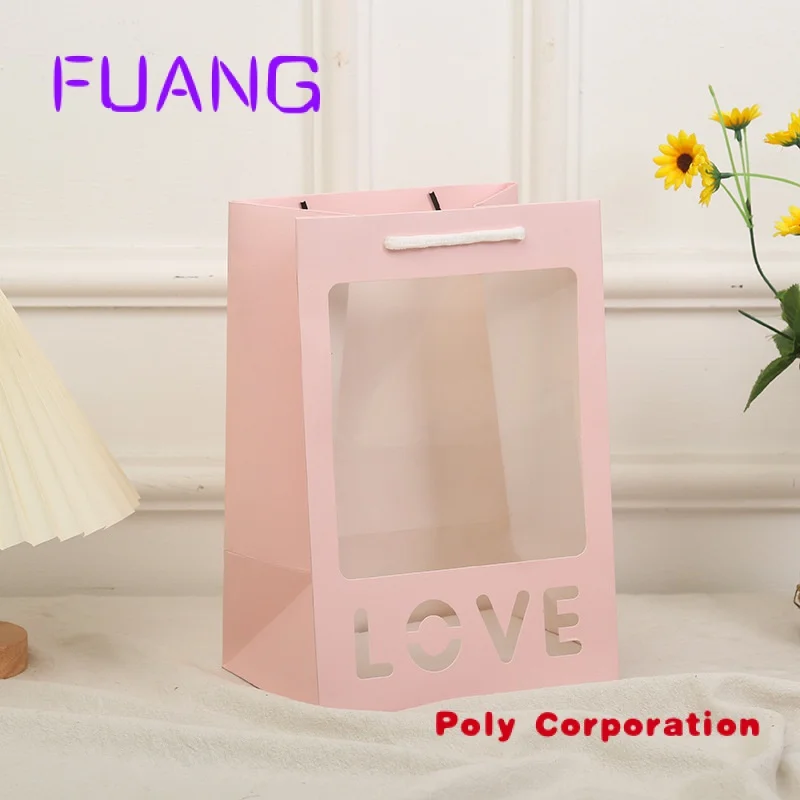 Custom  wholesale 2023 Valentine's Day love Flower Florist Bouquet Square Packaging bag Gift Bag With window