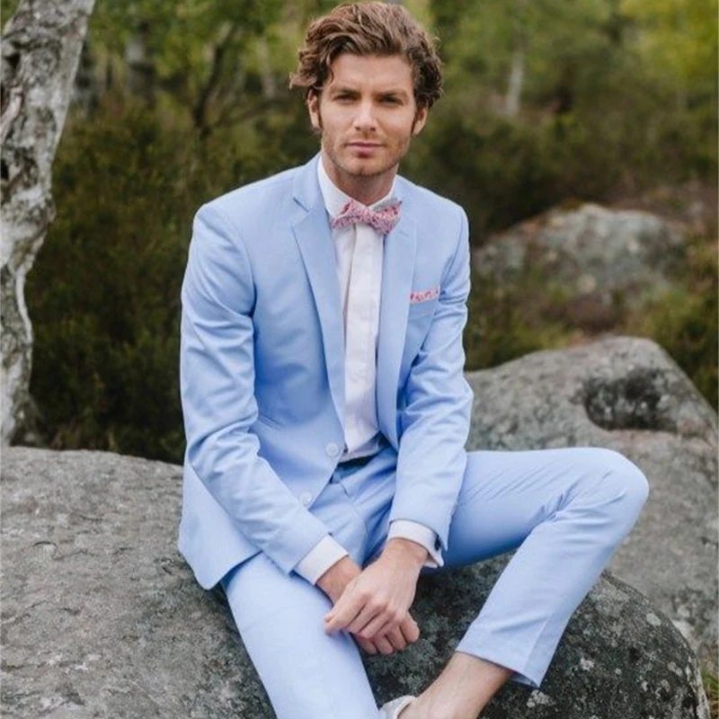 Luxurious 2 Pieces Men's Wedding Suit 2021 Slim Fit Groom Tuxedos Peak Lapel Formal Business Sky Blue Male Suits (Blazer+Pants)