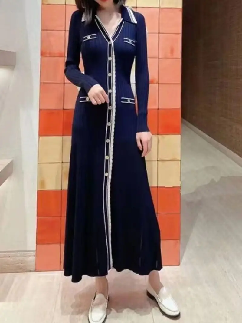 

Женское винтажное трикотажное платье миди, однобортное платье с оборками, отложным воротником и длинным рукавом