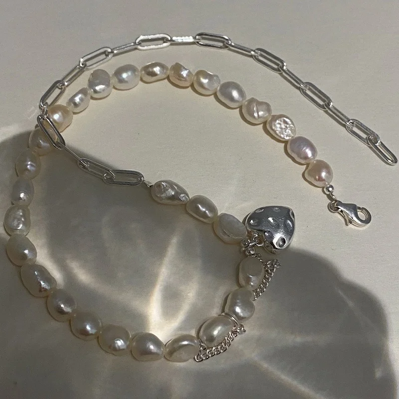 ALLNEWME Cute Romantic Freshwater Pearl Asymmetric Beads Necklace for Women Irregular Heart Pendant Choker Necklaces Jewellery