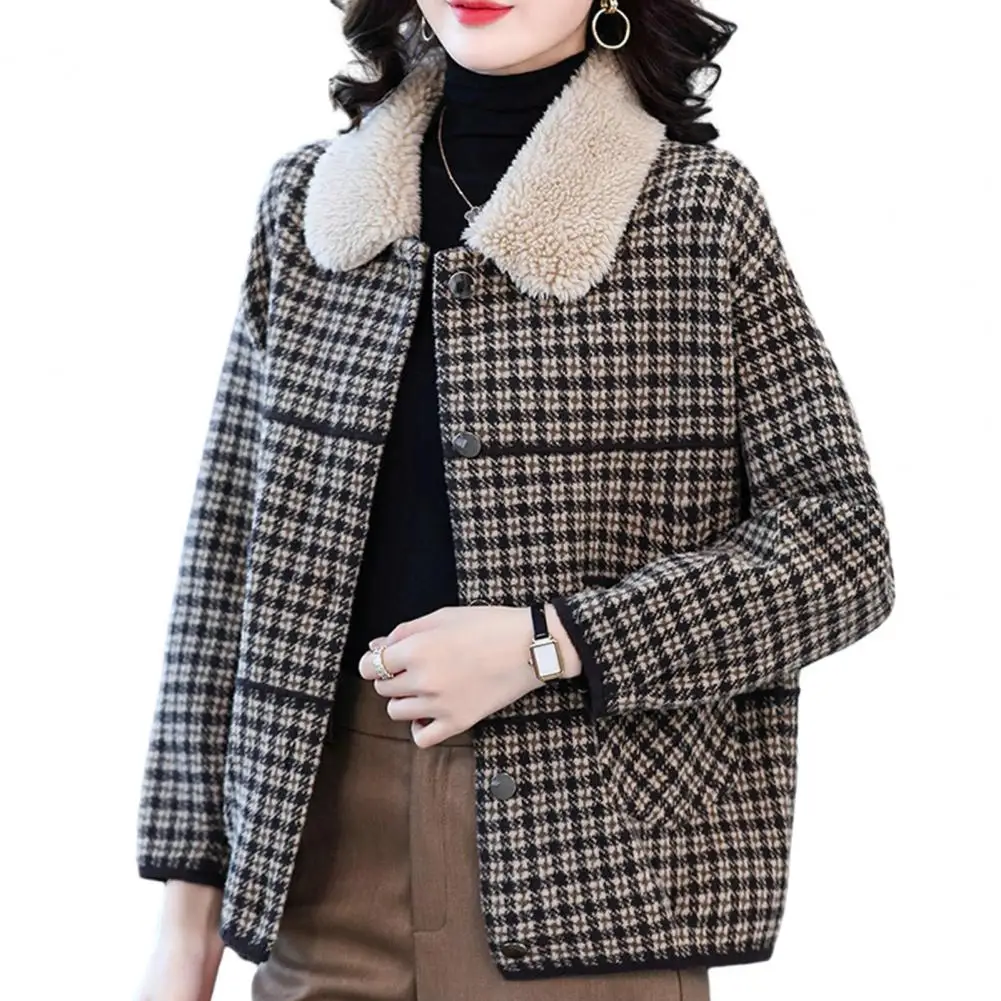 Women Coat Plush Vintage Plaid Coat Women's Warm Single-breasted Jacket with Lapel Double-sided Knit for Autumn Winter Women