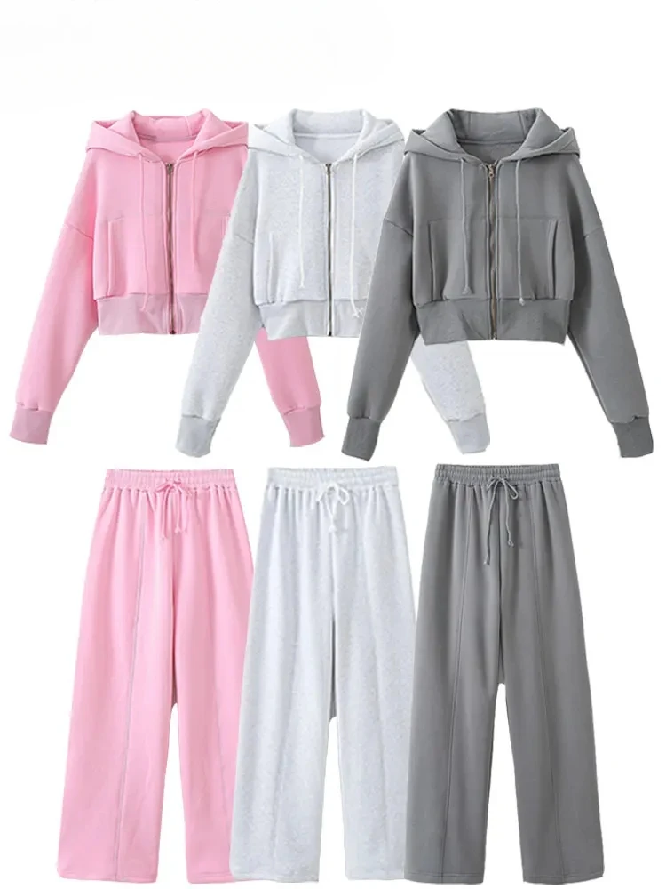 New Women's Trousers Suit Fashion Long Sleeve Zipper Coat elastic Hem Short Side Pocket Hooded Basic Coat And Trousers Suit 4