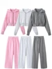New Women's Trousers Suit Fashion Long Sleeve Zipper Coat elastic Hem Short Side Pocket Hooded Basic Coat And Trousers Suit 4