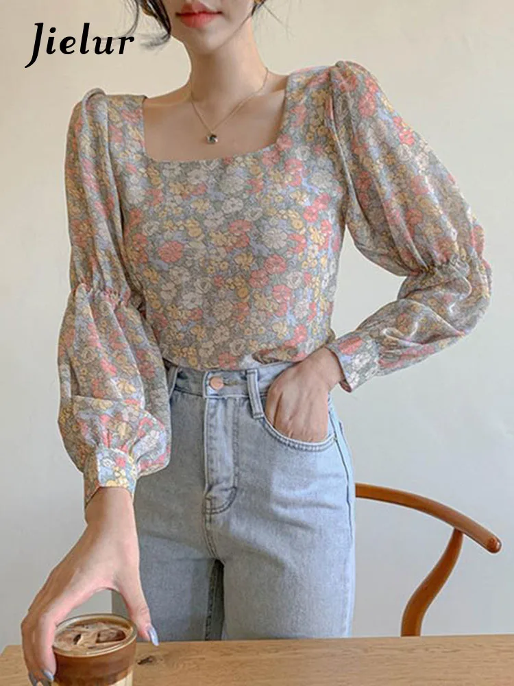 

Jielur Blouses Women Square Collar Elegant Long Sleeve Chiffon Tender Floral Stylish Korean Style Feminino Shirts Popular