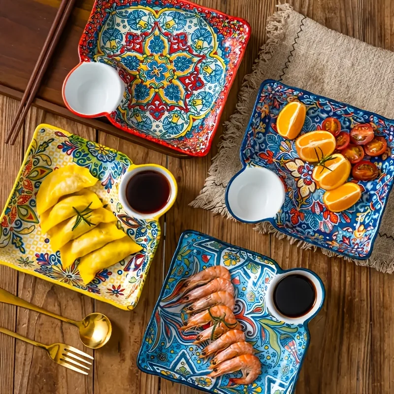 7.5Inch Bohemian Ceramic Plate Sushi Dish Set Sauce Dishes Decorative Dinner Plates Serving Trays for Dumplings Breakfast Fruits