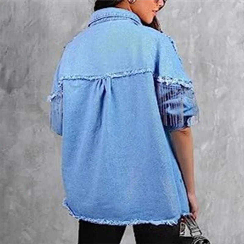 Fashion Chain Splicing Decoration Jacket Women Vintage Tassel Denim Coat Female Single-breasted Cardigan Casual Loose Outerwear - Image 6