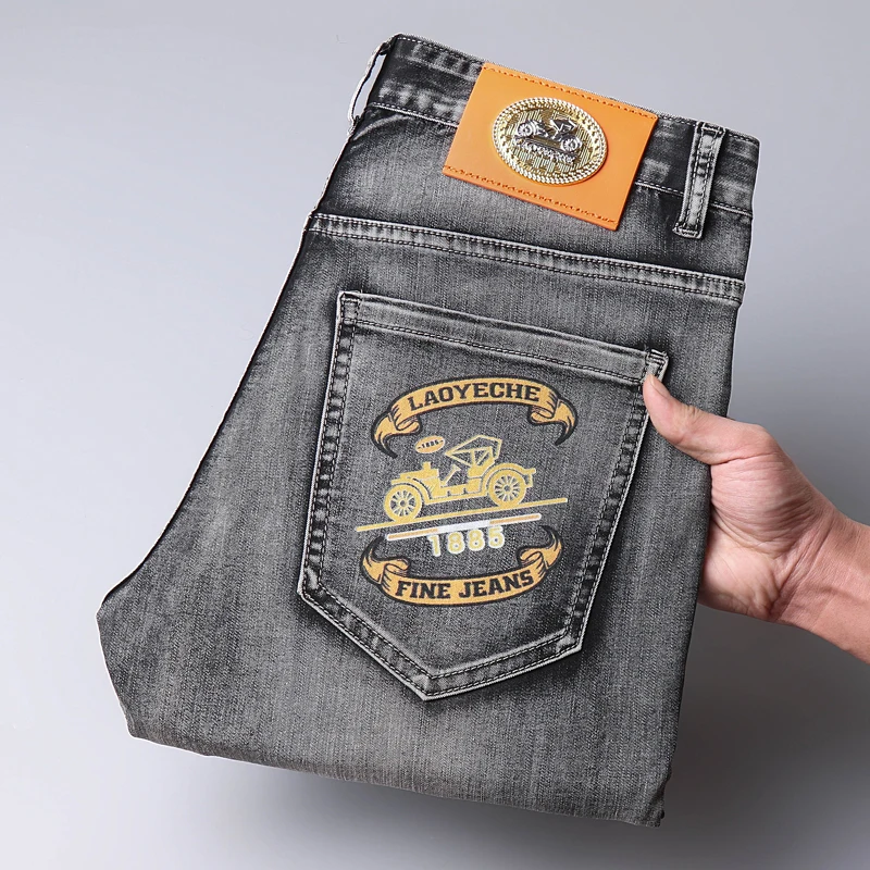 2024 new inkjet printed jeans men's fashion high-end fashion all-match casual stretch slim fit tapered pants