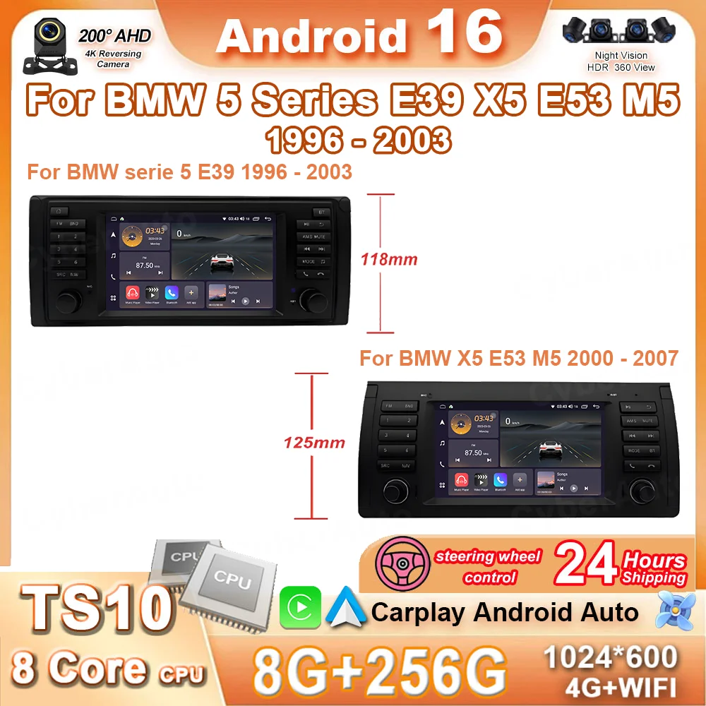 Autoradio Android Auto da 7 pollici con GPS e navigazione per BMW Serie 5 E39 X5 E53 M5 1996-2003, lettore multimediale video 4G WIFI, non 2 Din