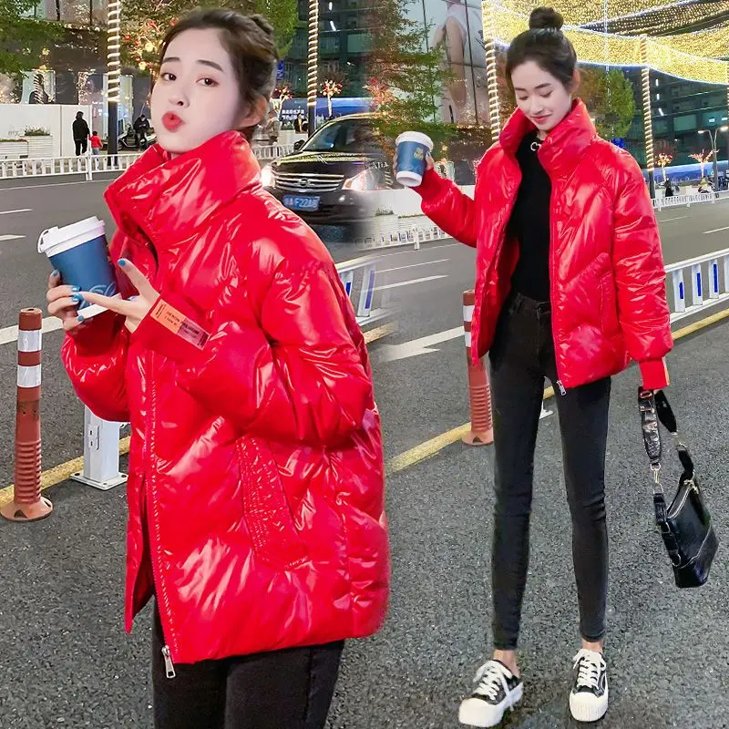 2023 New Women Winter Down Cotton Coat Glossy Stand Collar Overcoat  All-Matching Down-cotton Jacket Shiny Short Outwear Parka