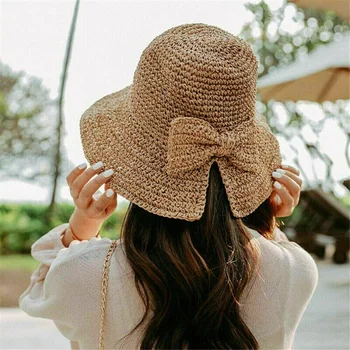 New Female Straw Hat Bowknot Crochet Summer Basin Hat Foldable Beach Sun Hat Wide Brim Kids Princess foldable beach Hats