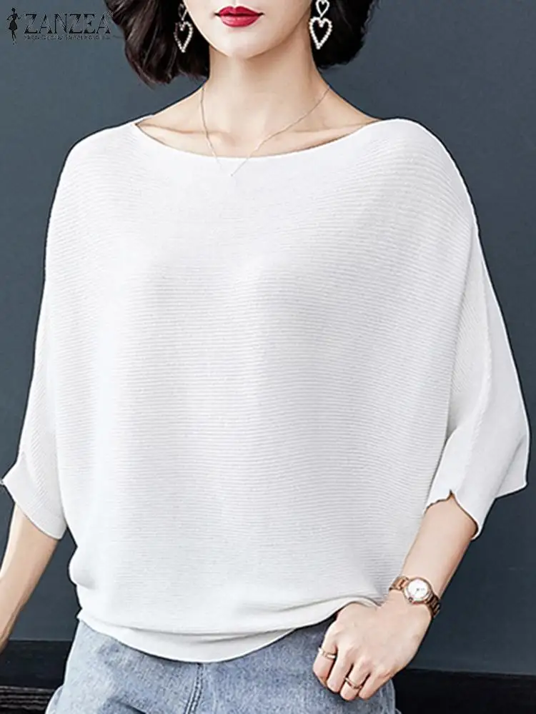 

ZANZEA Elegant Gentle Blouses Boat Neck 2024 Fashion Solid Color Spring Blusas 3/4 Sleeve Daily Ribbed Knitted Women T-shirts