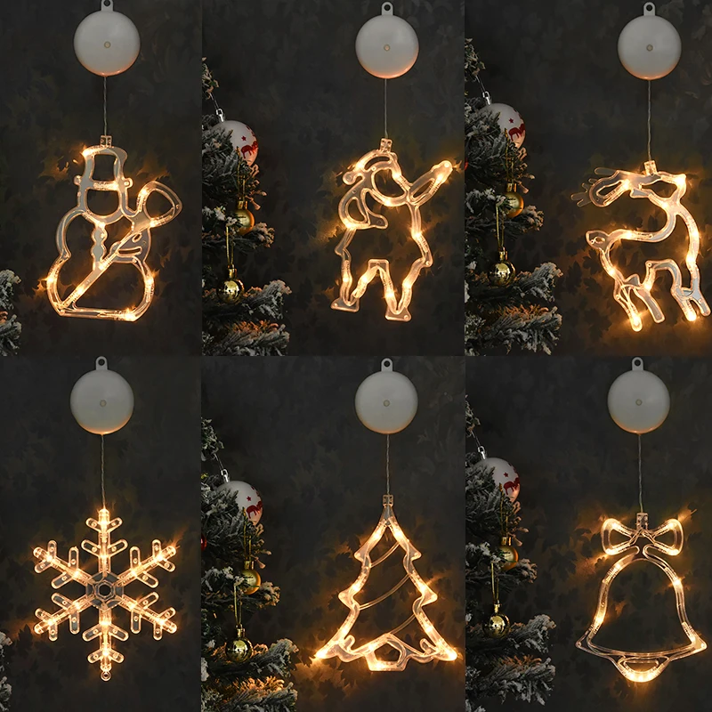 

Christmas LED Light Snowflake Santa Claus Bells Sucker Lamp Window Hanging Ornament for Home New Year Xmas Tree Elk Snowman Lamp