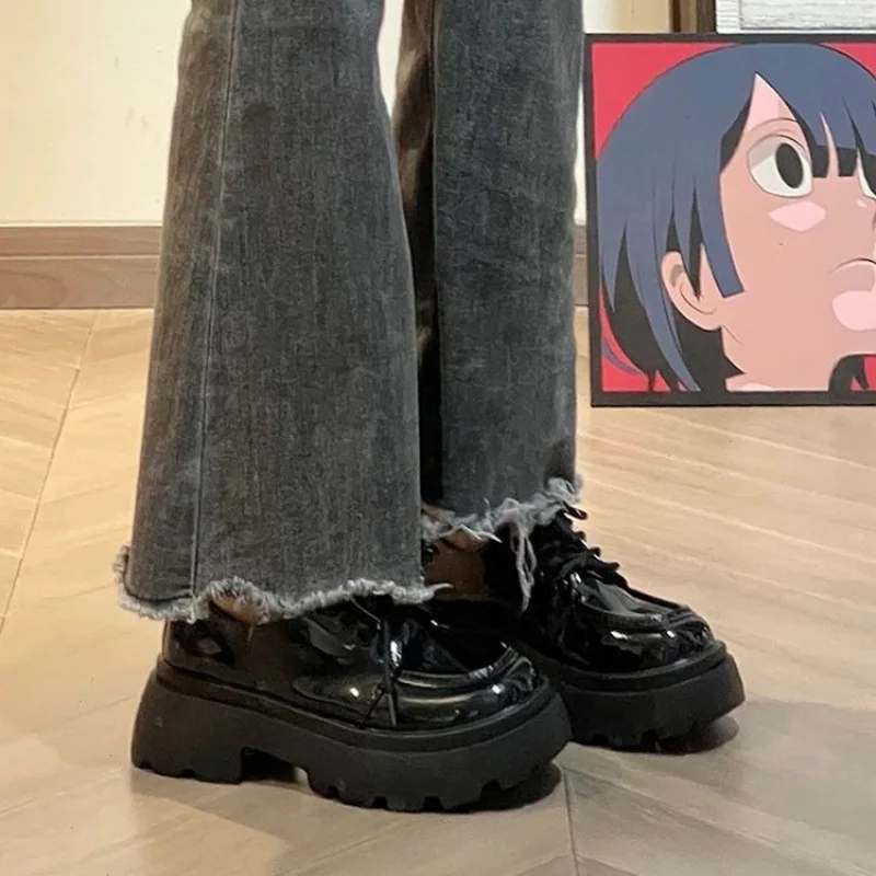 Platform small leather shoes for women ins fashionable British College style increase all matching day single shoes