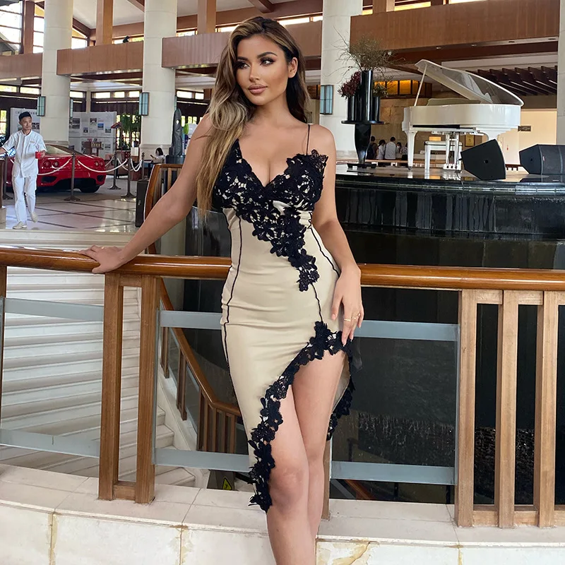 

Women Sexy Deep V Neck Party Club Birthday Evening Bodycon Lace Midi Dress 2023 Summer