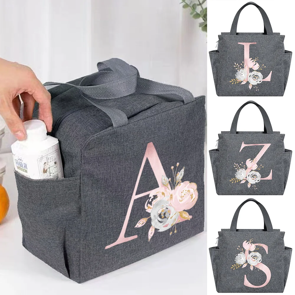 Thermal Lunch Bag Women Bag For Picnics Office Travel Kids Pink Flower Letter Print Organizer Eco Shopper Storage Handbags lunch bag bento bag cooler bag