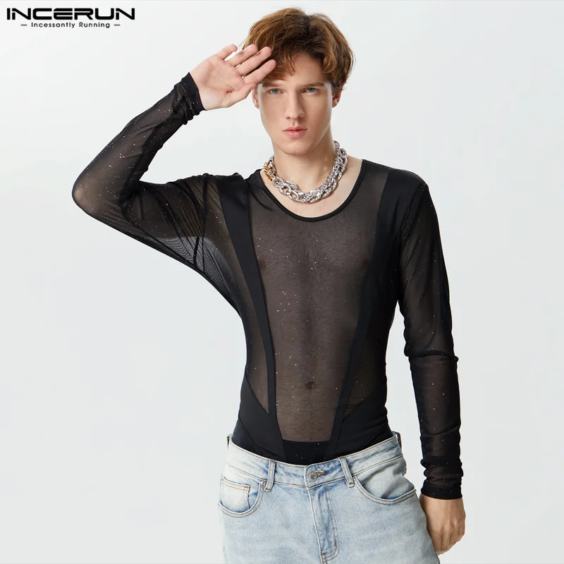

2024 Men Bodysuits Mesh Patchwork O-neck Long Sleeve Transparent Male Rompers Streetwear Skinny Fashion Bodysuit INCERUN S-3XL