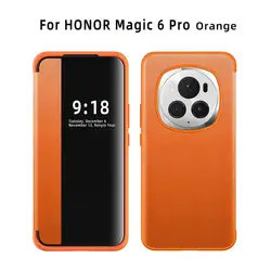Premium 2024 Window View Classic Leather Cover - Shockproof PU Leather Case with Sim Pin Slot for Honor Magic 5 (Orange)