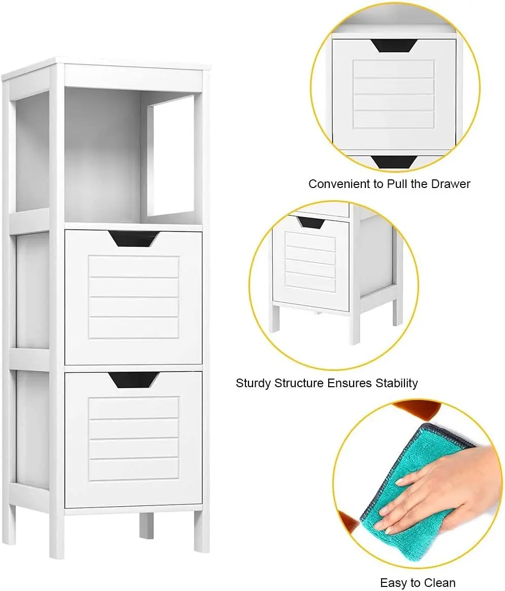 Wooden Bathroom Floor Storage Cabinet with 2 Drawers & Open Shelf, Slim Side Organizer, White