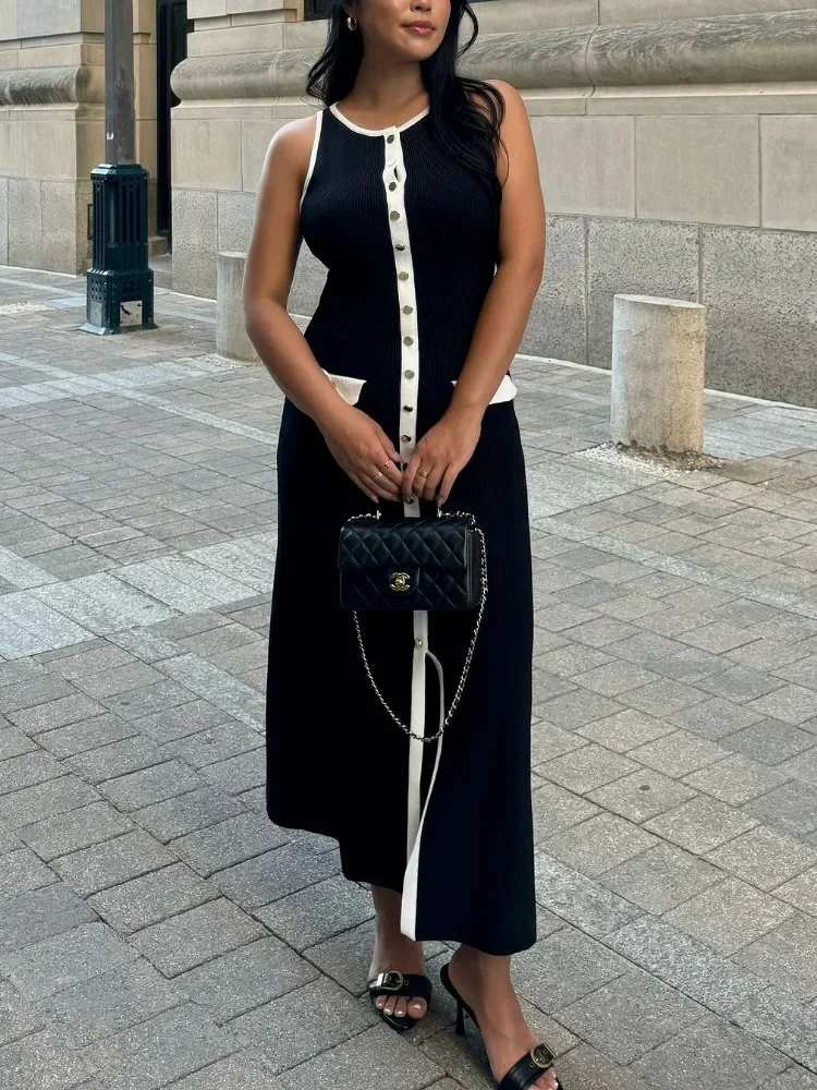 Elegant Knit Ribbed Long Dress For Women Slim Fashion Sleeveless Patchwork High Waist Pocket Dress Women's Maxi Dress