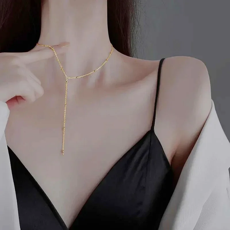 LATS Gold Color Double Layered Long Tassel Chain Necklaces