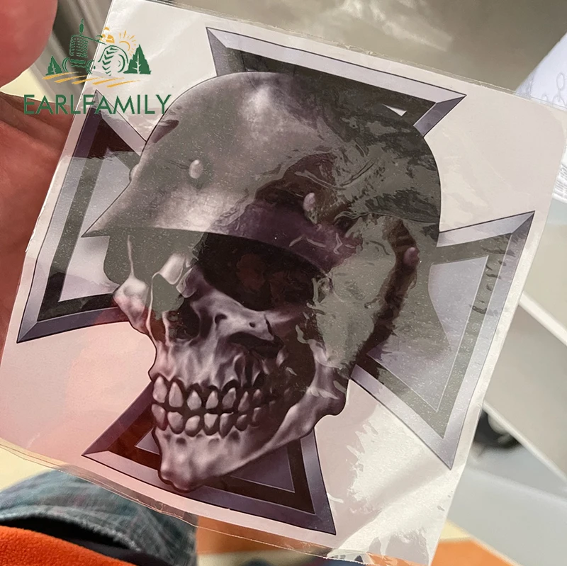 EARLFAMILY 13cm For Iron Cross Skull Motorcycle Car Stickers Campervan Car Accessories Windows Decal Graffiti RV SUV JDM VAN