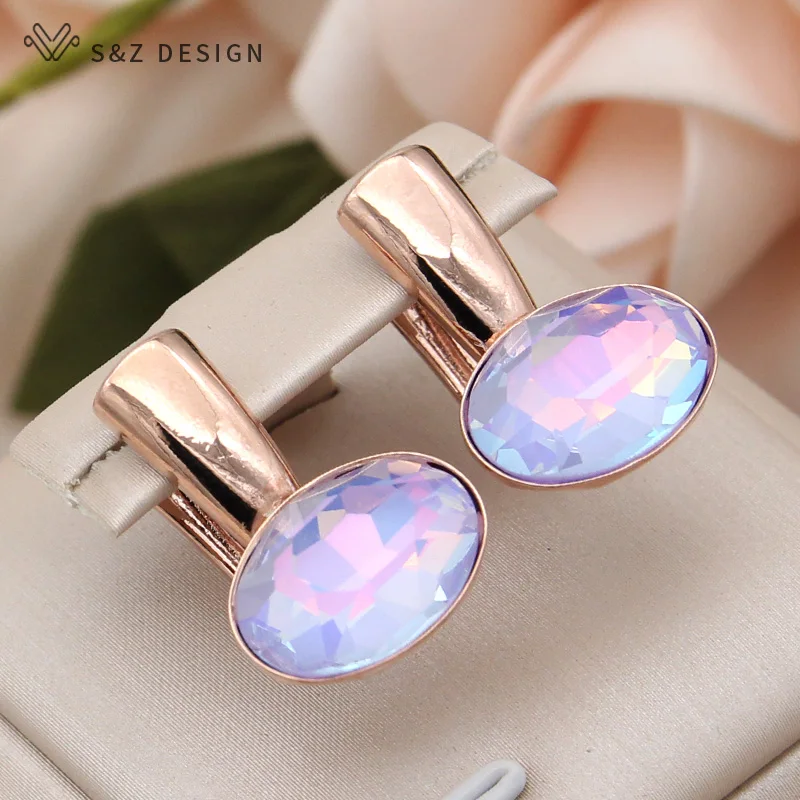 S&Z DESIGN New Fashion Egg Shape Oval Crystal Drop Earrings For Women Wedding Jewelry 585 Rose Gold Color Smooth Metal Eardrop