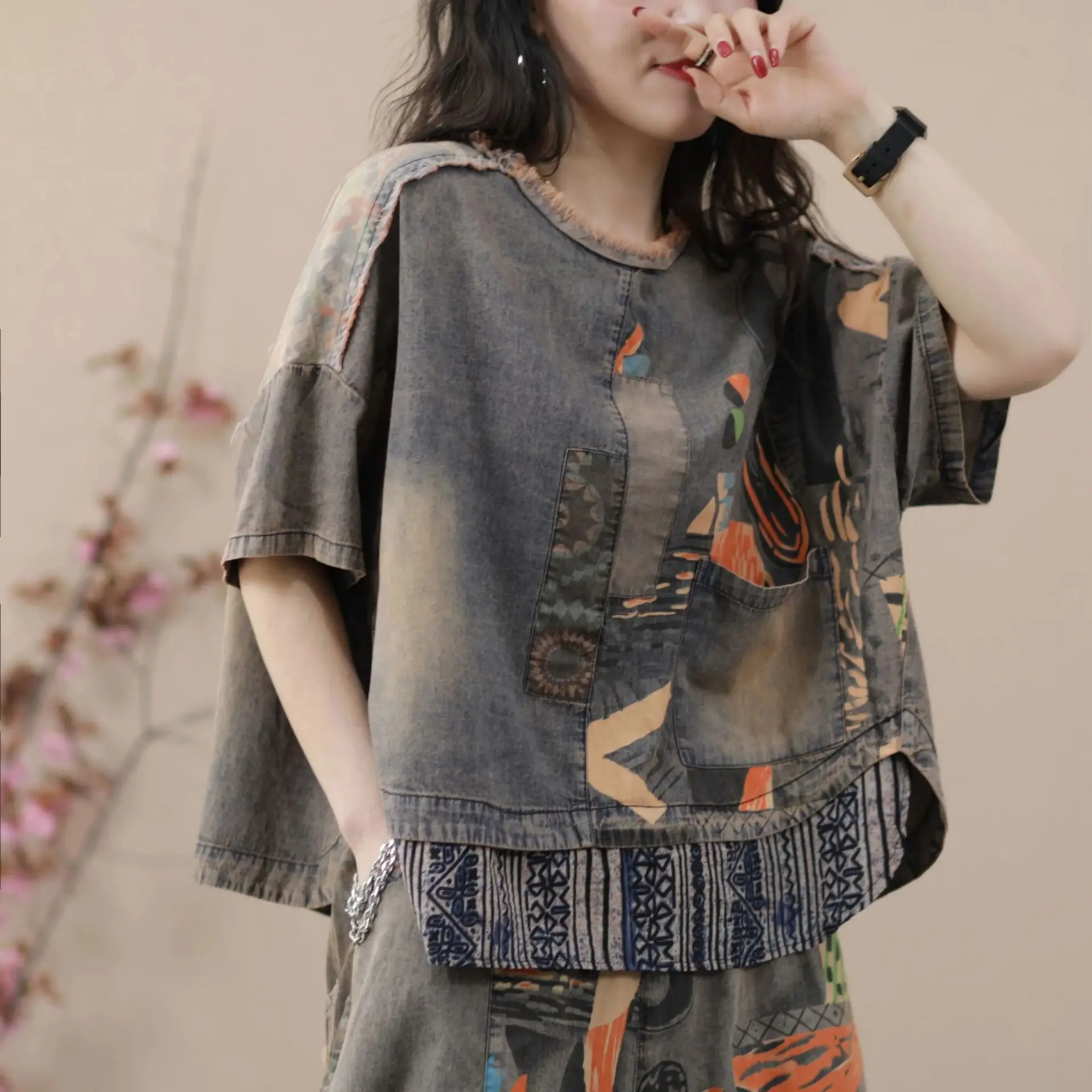 Women Summer Retro Spliced Cotton T-Shirt main image 1