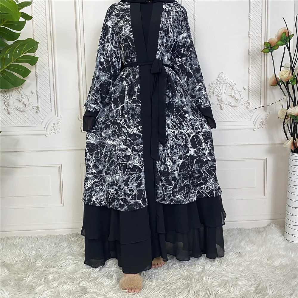 European And American Fashion Muslim Cardigan Middle Eastern Printed Patchwork Abaya Dubai Arab Middle longuette For Women Dubai